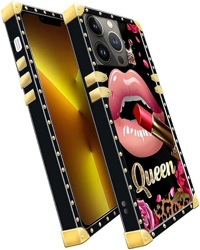 Compatible with iPhone 13 Pro Case, Glitter Red Rose Queen Leopard Lipstick Luxury Golden Decoration for Girl Women Soft TPU Shockproof Protective Hard PC Back for iPhone 13 Pro