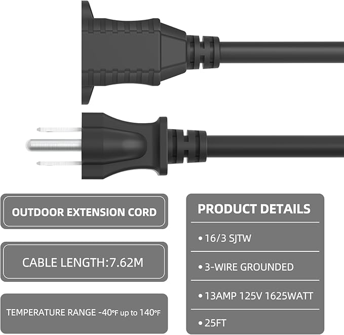 TiFFCOFiO Indoor Outdoor Extension Cord Waterproof, 30 Feet 3 Prong Power Cord for Home and Garden, 16 AWG, 13A/1625W, ETL Listed