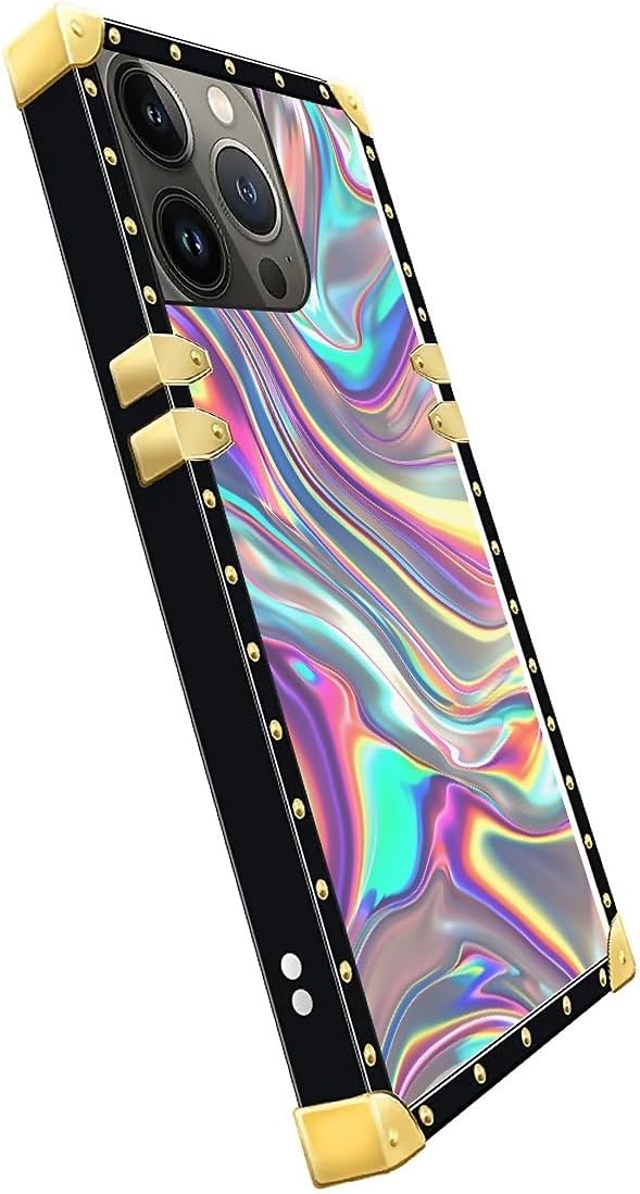 Compatible with iPhone 15 Pro Max Case, Holographic Abstract Iridescent Textures Luxury Golden Decoration for Girl Women Soft TPU Shockproof Protective Hard PC Back