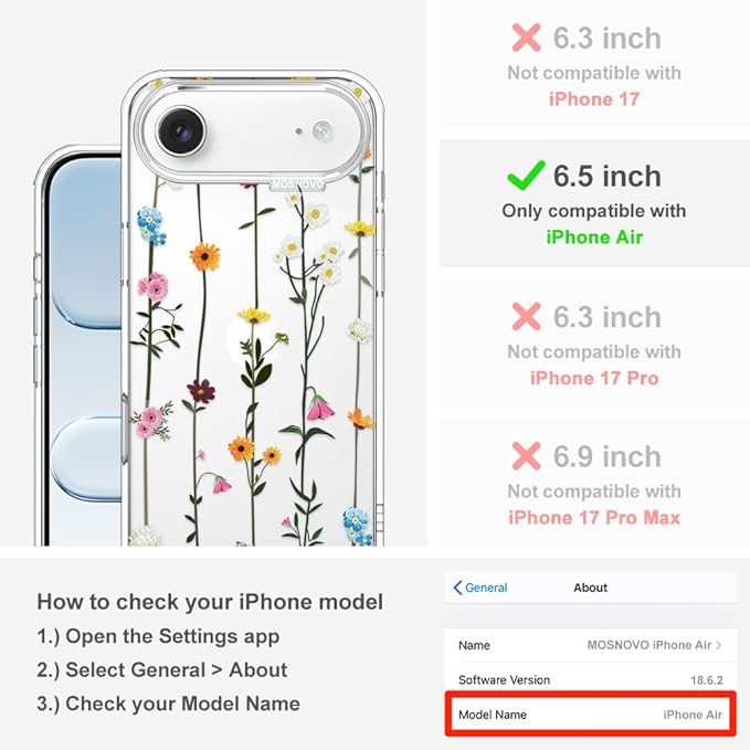 MOSNOVO for iPhone Air Case | Military Grade 6.6ft Drop Tested | Camera Control | Clear with Wildflowers Design