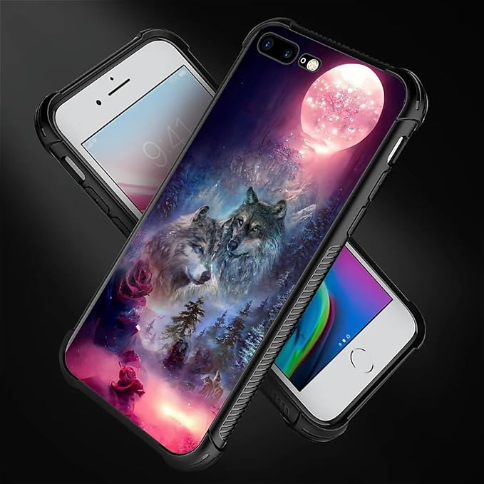 for iPhone 7 Plus/8 Plus Case, Star Two Wolfs Howling Pattern Graphic Design Girl Boy Soft Silicone Hard Acrylic Shock Protection for iPhone 7 Plus/8 Plus
