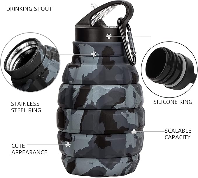 QiCheng&LYS Collapsible Water Bottle Sports Bottle 19.5OZ/580ml Travel Water Bottle for Men Women kids. BPA Free Food Grade Silicone. (Dark gray camouflage cup)
