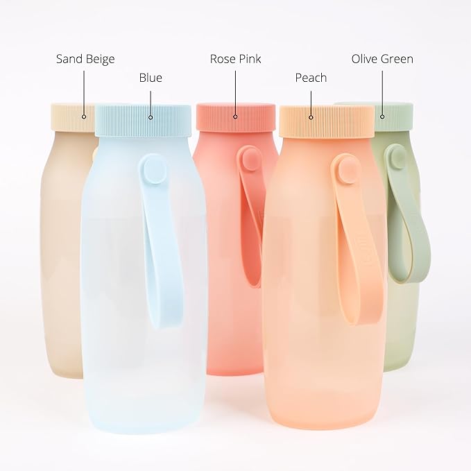 BLUE GINKGO Collapsible Water Bottle [2-Pack] – Lightweight, Foldable Silicone Bottles for Travel, Hiking, and Camping (16.9oz, Made in Korea, Olive Green)