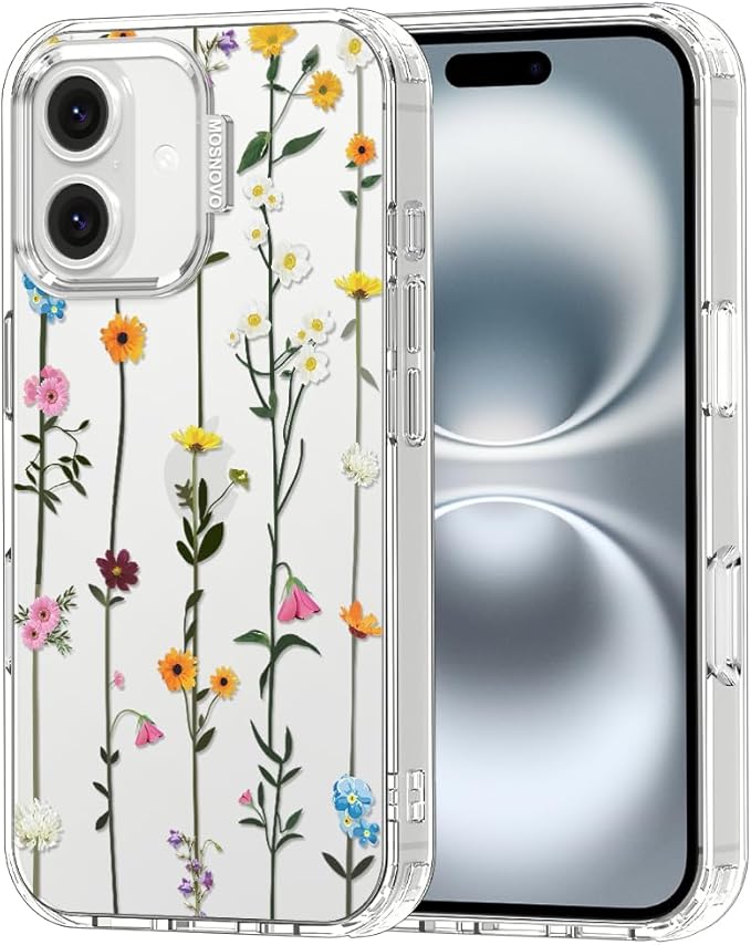 MOSNOVO Case for iPhone 16 Plus, [Buffertech 6.6ft Military-Grade Drop Protection] [Anti Peel Off Tech] Clear TPU Bumper Phone Case Cover Design - Wildflowers