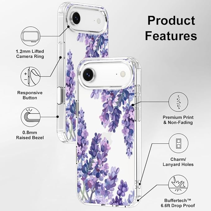 MOSNOVO for iPhone Air Case | Military Grade 6.6ft Drop Tested | Camera Control | Clear with Lavender Design