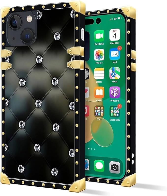 Compatible with iPhone 14 Case, Shiny Black Sofa Crystal Luxury Golden Decoration for Girl Women Soft TPU Shockproof Protective Hard PC Back for iPhone 14