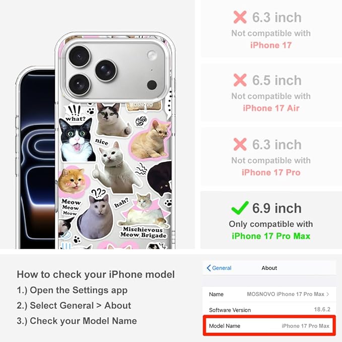 MOSNOVO for iPhone 17 Pro Max Case | Military Grade 6.6ft Drop Tested | Camera Control | Clear with The Cat Brigade Design