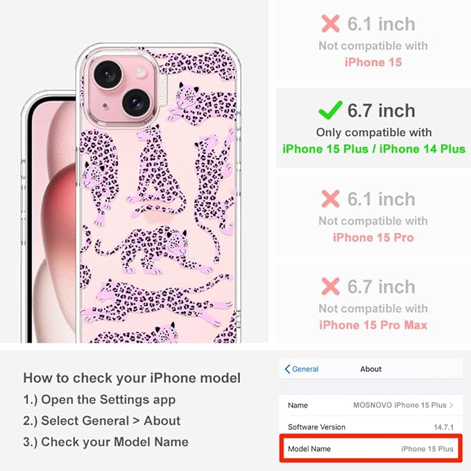 MOSNOVO Case for iPhone 15 Plus/iPhone 14 Plus, [Buffertech 6.6ft Military-Grade Drop Protection] [Anti Peel Off Tech] Clear TPU Bumper Phone Case Cover Design - Pink Leopard