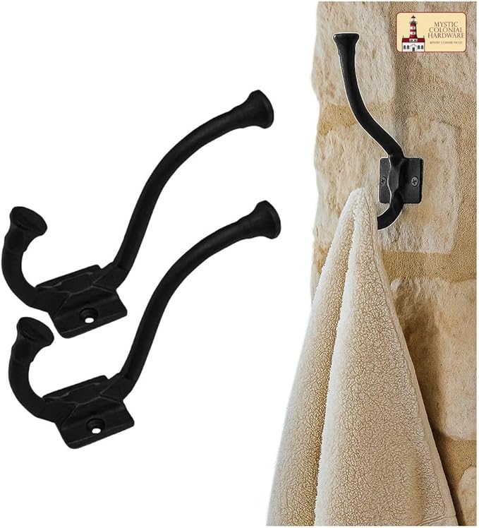 Mystic Colonial Medieval Rustic Cast Iron Wall Hooks (Set of 2) | (4 in x 3 in) Vintage Black Coated Double Coat & Hat Hook Hangers | Heavy-Duty Farmhouse, Gothic & Modern Decor