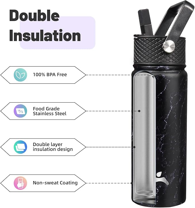 Konokyo 18 oz Insulated Water Bottle Stainless Steel Sport Bottles with 3 Lids,Marble Midnight