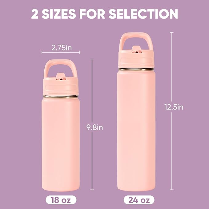 Fijinhom 18oz Insulated Stainless Steel Water Bottle with Straws, Double Wall Vacuum Insulated Bottles, Metal Thermo for Travel, Sports, Leak-Proof, BPA Free, Women & Men, Pink