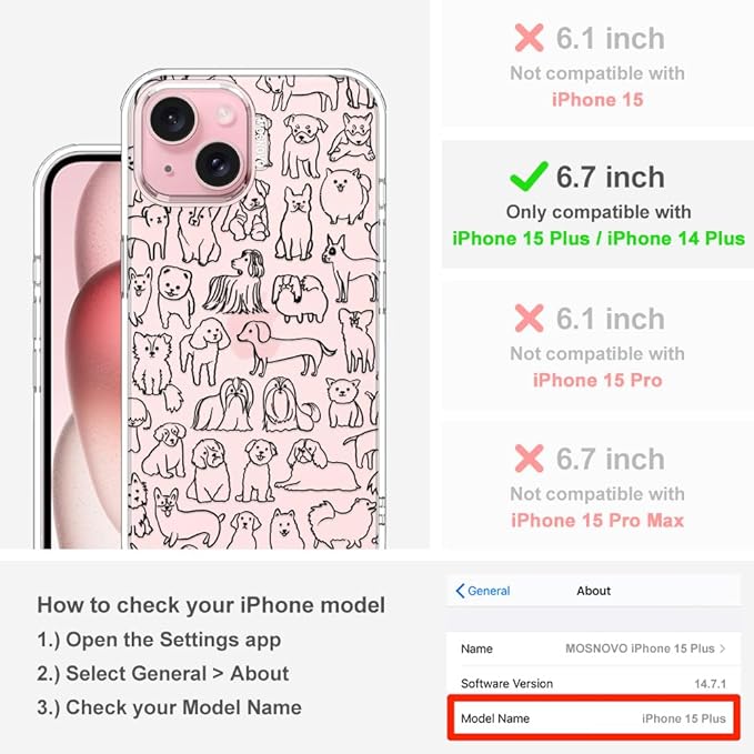 MOSNOVO Case for iPhone 15 Plus/iPhone 14 Plus, [Buffertech 6.6ft Military-Grade Drop Protection] [Anti Peel Off Tech] Clear TPU Bumper Phone Case Cover Design - Doodle Dog