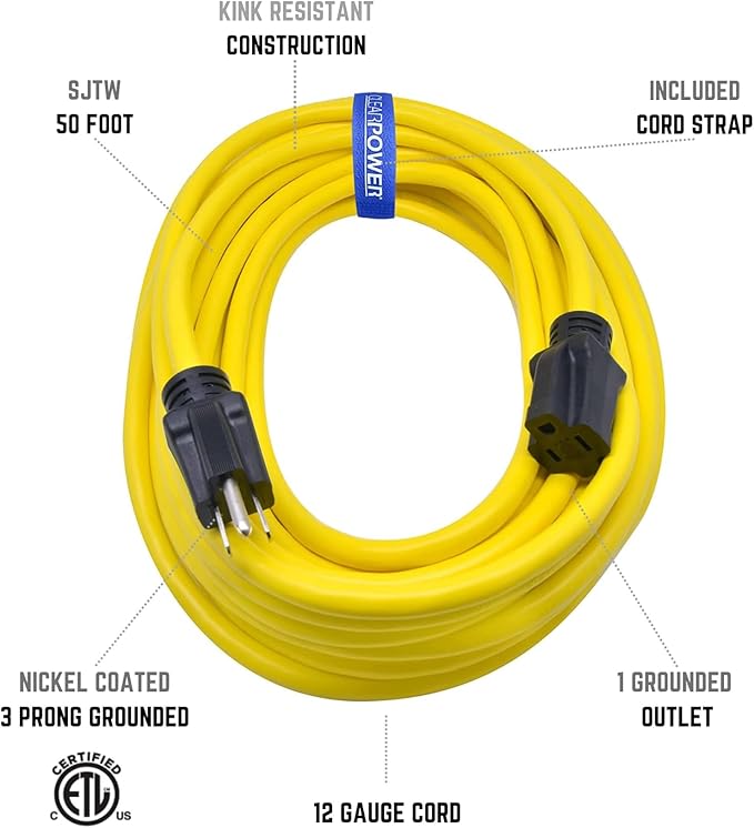 Clear Power 50 ft 12/3 SJTW Heavy Duty Outdoor Extension Cord, Water & Weather Resistant, Flame Retardant, Yellow, 3 Prong Grounded Plug, CP10145
