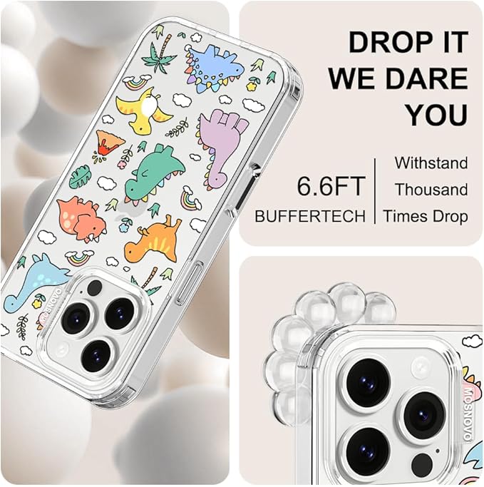 MOSNOVO Case for iPhone 16 Pro, [Buffertech 6.6ft Military-Grade Drop Protection] [Anti Peel Off Tech] Clear TPU Bumper Phone Case Cover Design - Dinosaur Land