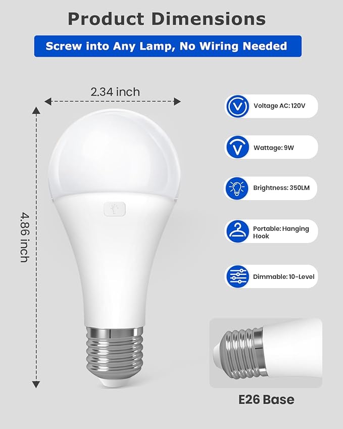 KINDEEP Rechargeable Light Bulbs with Remote, E26 Battery Operated LED Bulb: 2000mAh Dimmable Wireless Backup Light Bulb with 15 Colors & 3 Timer for Non-Hardwired Lamps Wall Sconce, 2 Pack