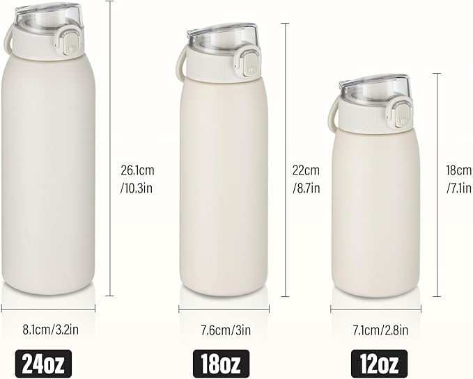 Insulated Water Bottle 24 oz with Dustproof Lid, Carry Handle & Tea Infuser, BPA-Free & Leakproof, Stainless Steel Water Bottles Ideal for Fitness, Hiking, Office & Outdoor Use （Beige）