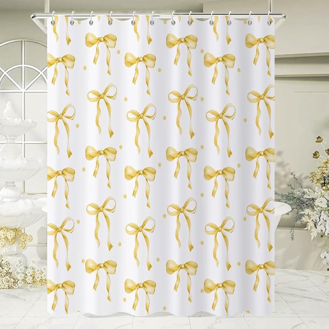 Yellow Bow Shower Curtain, Yellow and White Modern Aesthetic Bowknot with Polka Dot Cute Girly Bathroom Curtain Waterproof Fabric Machine Washable with Hooks, 48" Wx72 L