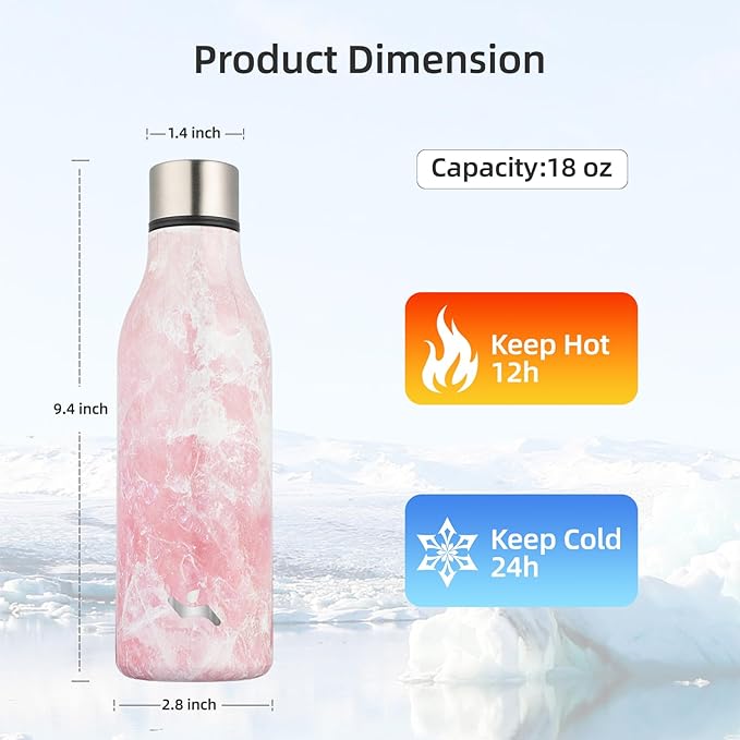 Konokyo Insulated Water Bottle with Strap,18 oz Double Wall Stainless Steel Vacuum Bottles Metal Water Flask,Blossom