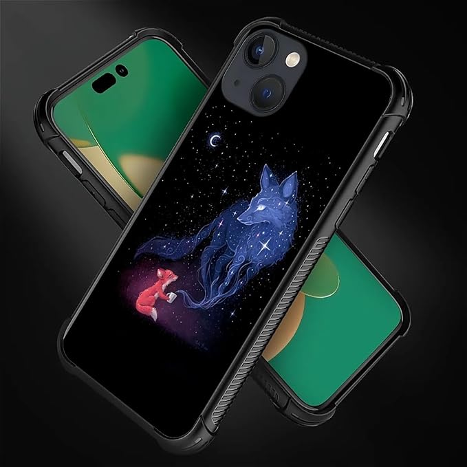 for iPhone 14 Plus Case, Galaxy Fox Wolf Pattern Graphic Design Girl Boy Soft Silicone Hard Acrylic Shock Protection for iPhone 14 Plus