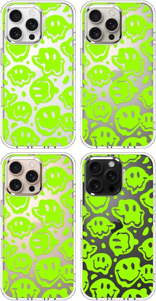 MOSNOVO Case for iPhone 16 Pro Max, [Buffertech 6.6ft Military-Grade Drop Protection] [Anti Peel Off Tech] Clear TPU Bumper Phone Case Cover Design - Distorted Green Smile Face