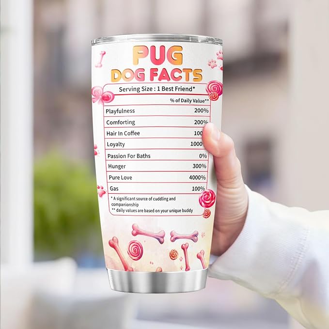 Pug Dog Facts, Dog Mom Gifts, Women Mother Mama Handle Tumblers Best Mothers Insulated For Cups Coffee Funny Day, Tumbler 20 Oz With Lid And Straw