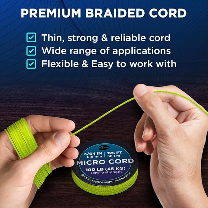 TECEUM Micro Paracord – 1.18 mm X 125 ft – Micro Utility Cord – Thin Braided Paracord Rope – Best for Crafting, DIY Projects, Fishing, Camping – Wind Chime Replacement – Survival Strong String