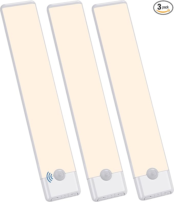 Motion Sensor Under Cabinet Lights, Magnetic Rechargeable Under Counter Closet Light, Wireless Night Light Bar Stick-On, 3-Pack, Neutral White