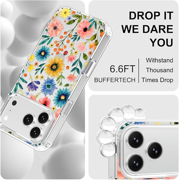 MOSNOVO for iPhone 17 Pro Max Case, Shockproof Military-Grade Protection 6.6ft Drop Tested, Camera Control, Clear Phone Case for iPhone 17 Pro Max, Wildflower Bloom Design