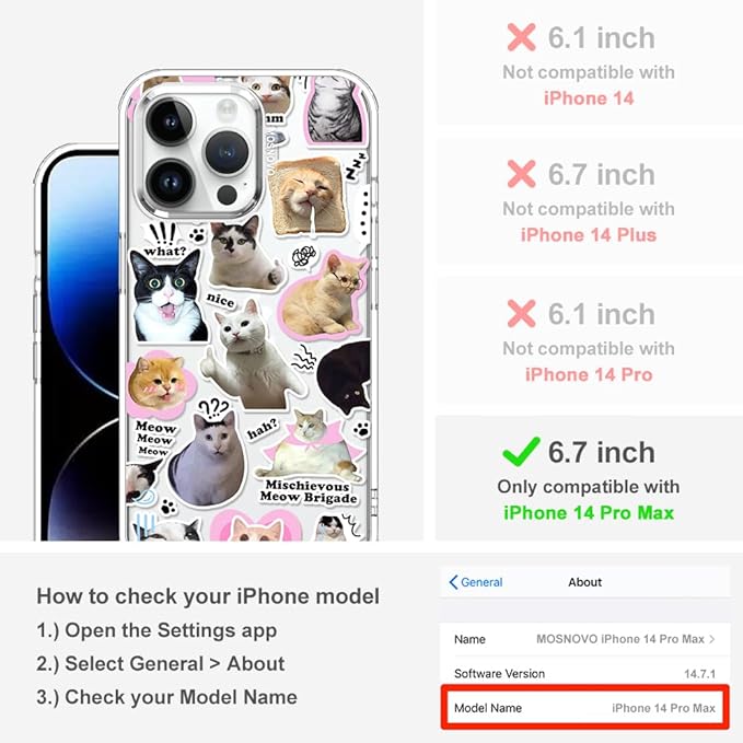 MOSNOVO Case for iPhone 14 Pro Max, [Buffertech 6.6ft Military-Grade Drop Protection] [Anti Peel Off Tech] Clear TPU Bumper Phone Case Cover Design - The Cat Brigade
