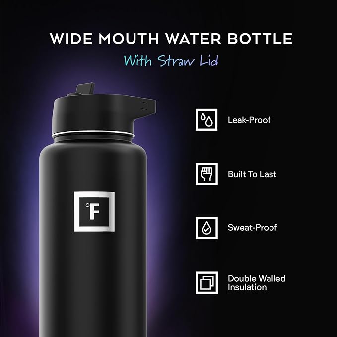 IRON °FLASK Camping & Hiking Hydration Flask with Straw, Wide Mouth Insulated Stainless Steel Sports Water Bottle - 40 oz Blue Waves