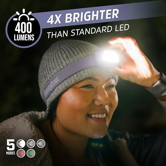 Energizer HDL30 Purple Multi-Colored LED Headlamp, 400 Lumen, IPX4 Water Resistant, Adjustable Headlamp with Red and Green LED Mode, Great Hands-Free Light, Batteries Include