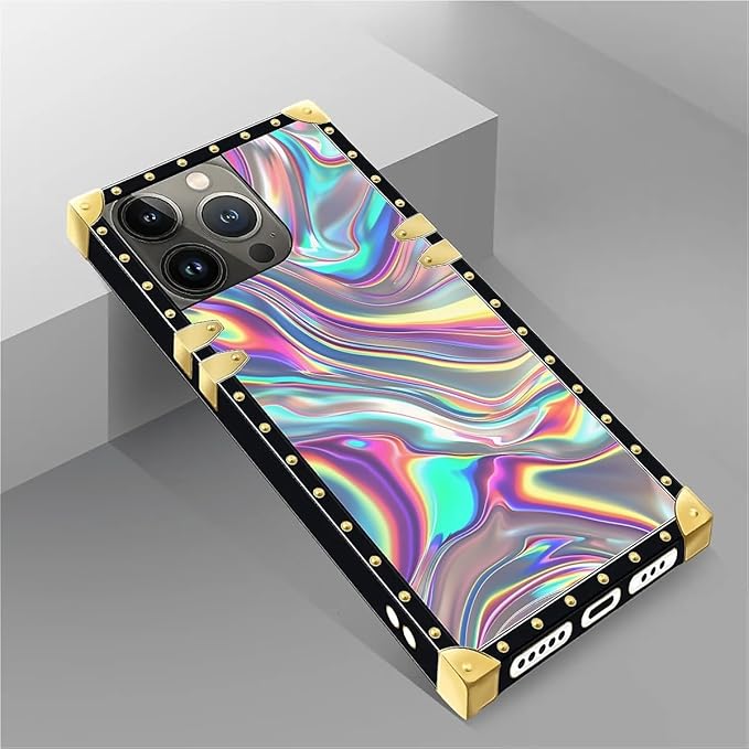 Compatible with iPhone 14 Pro Case, Holographic Abstract Iridescent Textures Luxury Golden Decoration for Girl Women Soft TPU Shockproof Protective Hard PC Back for iPhone 14 Pro