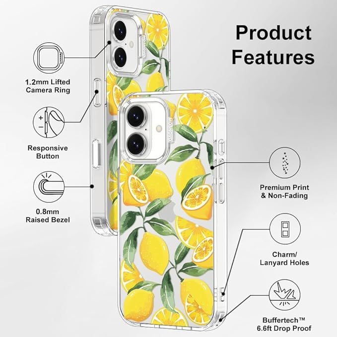 MOSNOVO for iPhone 17 Case | Military Grade 6.6ft Drop Tested | Camera Control | Clear with Lemon Design
