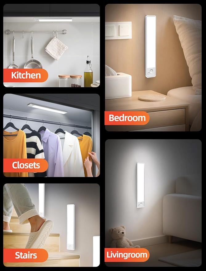Under Cabinet Lighting: 8 Inch 3-Color Dimmable Rechargeable Motion Sensor Lights Indoor - Battery Operated Lights - Closet Light Magnetic Led Light for Kitchen Home Bathroom Counter 5 Pack