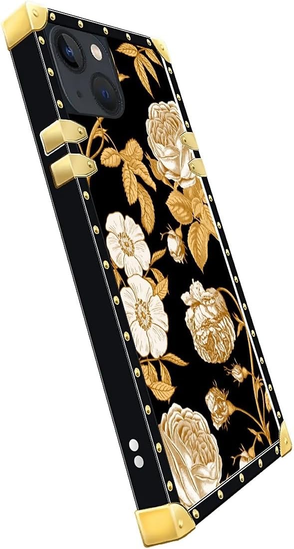 Compatible with iPhone 15 Case, Blooming Rose Golden Flower Luxury Golden Decoration for Girl Women Soft TPU Shockproof Protective Hard PC Back for iPhone 15