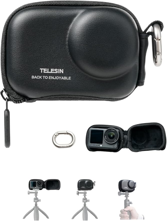 TELESIN Mini Carrying Case for DJI Osmo Action 6/5 Pro/4/3, Xtra Edge Pro/Edge Case, Waterproof Hard EVA Shell Travel Storage Case with Carabiner & Bottom Opening for Selfie Stick/Tripod Accessories