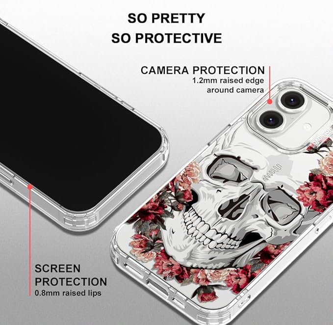 MOSNOVO Case for iPhone 16, [Buffertech 6.6ft Military-Grade Drop Protection] [Anti Peel Off Tech] Clear TPU Bumper Phone Case Cover Design - Red Flower Skull