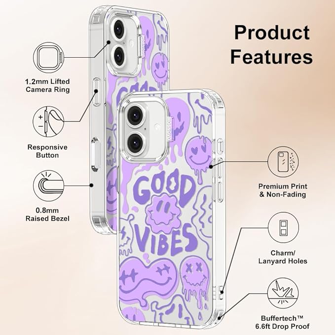MOSNOVO Case for iPhone 16 Plus, [Buffertech 6.6ft Military-Grade Drop Protection] [Anti Peel Off Tech] Clear TPU Bumper Phone Case Cover Design - Good Vibes