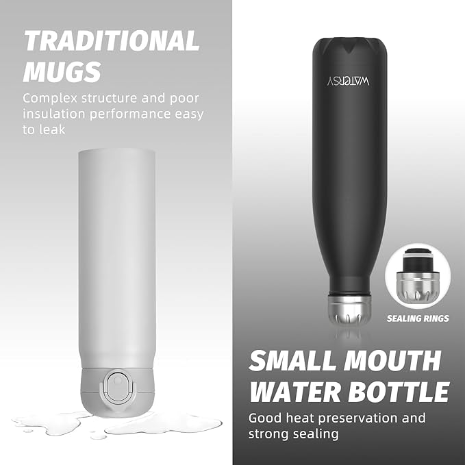 WATERSY Stainless Steel water bottles,17oz/500ml Insulated Water Bottles,Black metal water bottle Keeps Drink Cold and Hot,BPA Free kids water bottles for School,Gym,Travel,Sports