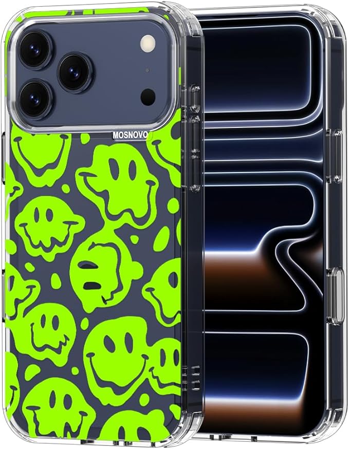 MOSNOVO for iPhone 17 Pro Max Case | Military Grade 6.6ft Drop Tested | Camera Control | Clear with Distorted Green Smiles Face Design