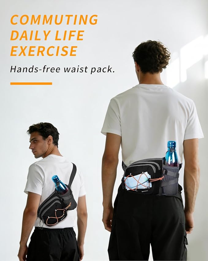 sportsnew Hydration Waist Pack with Water Bottle Holder, 2L Large Fanny Pack for Running Hiking Dog Walking, Water-Resistant Crossbody Waist Bag for Men Women, Patent Pending