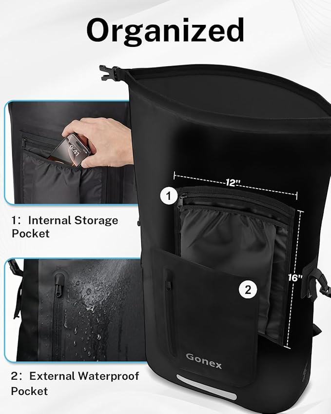 Gonex Ultralight Waterproof TPU Backpack, 55L Roll Top Dry Bag with Comfortable Padded Back Panel for Kayaking Boating Camping Fishing Travel,Black