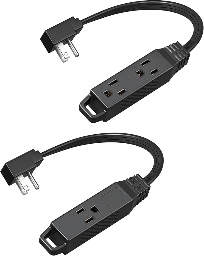 DEWENWILS Flat Plug Extension Cord, 1 FT 16/3 Awg Grounded Power Cable, 2 Pack, 3 Outlets Power Strip for Indoor Use, SPT-3 Cord, Space Saving for Office, School, Travel, Dorm, ETL Listed, Black