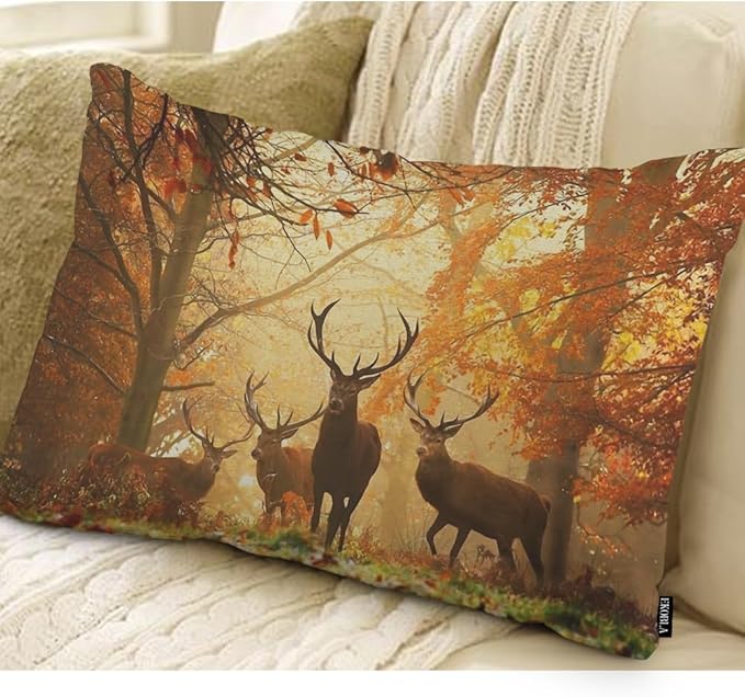 EKOBLA Decorative Lumber Cushion Case Deers Herd of Deer Stand Among The Fall Colors Jungle Trees Autumn Waist Lumbar Cotton Linen Throw Pillow Cases Cushion Cover Rectangular 12x20 Inches