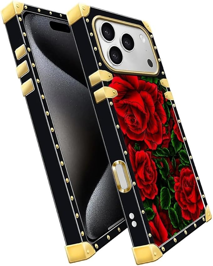 for iPhone 17 Pro Case Luxury Golden Decoration for Girl Women Soft TPU Shockproof Protective Hard PC Back for iPhone 17 Pro Crazy Pattern Vector Red Rose Green Leaf