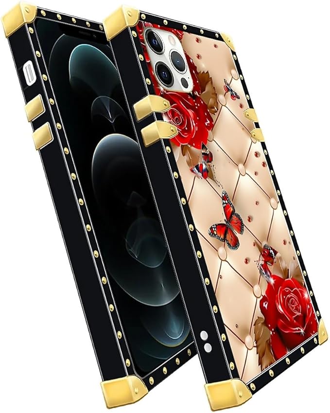 Compatible with iPhone 11 Pro Max Case, Shining Red Rose Butterfly Leather Background Luxury Golden Decoration for Girl Women Soft TPU Shockproof Protective Hard PC Back