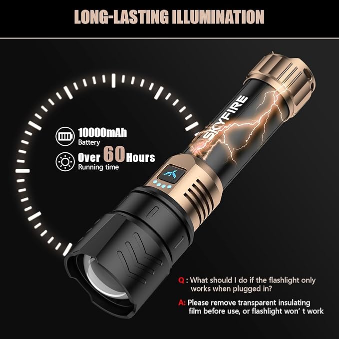 SKYFIRE Rechargeable Flashlights High Lumens with Ignition Lens &3 Colors Light,10000mAh LED Super Bright Flashlight, Zoomable,4Modes,Waterproof Tactical Flash Light for Outdoor,Home &Gift