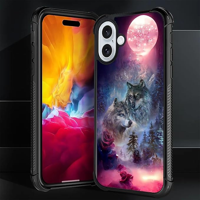 for iPhone 16 Case, Star Two Wolfs Howling Pattern Graphic Design Girl Boy Soft Silicone Hard Acrylic Shock Protection for iPhone 16