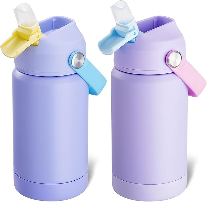 Kerilyn 12oz Water Bottle 2 Pack, Stainless Steel Insulated Water Bottle Bulk with Straws Leak-Proof,BPA Free, 2 Piece Set Lilac Duet