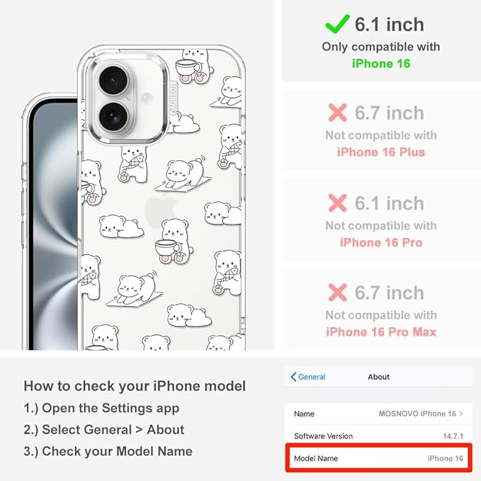 MOSNOVO for iPhone 16 Case, Shockproof Military-Grade Protection 6.6ft Drop Tested, Clear Phone Case for iPhone 16, Cozy Bear Days Design
